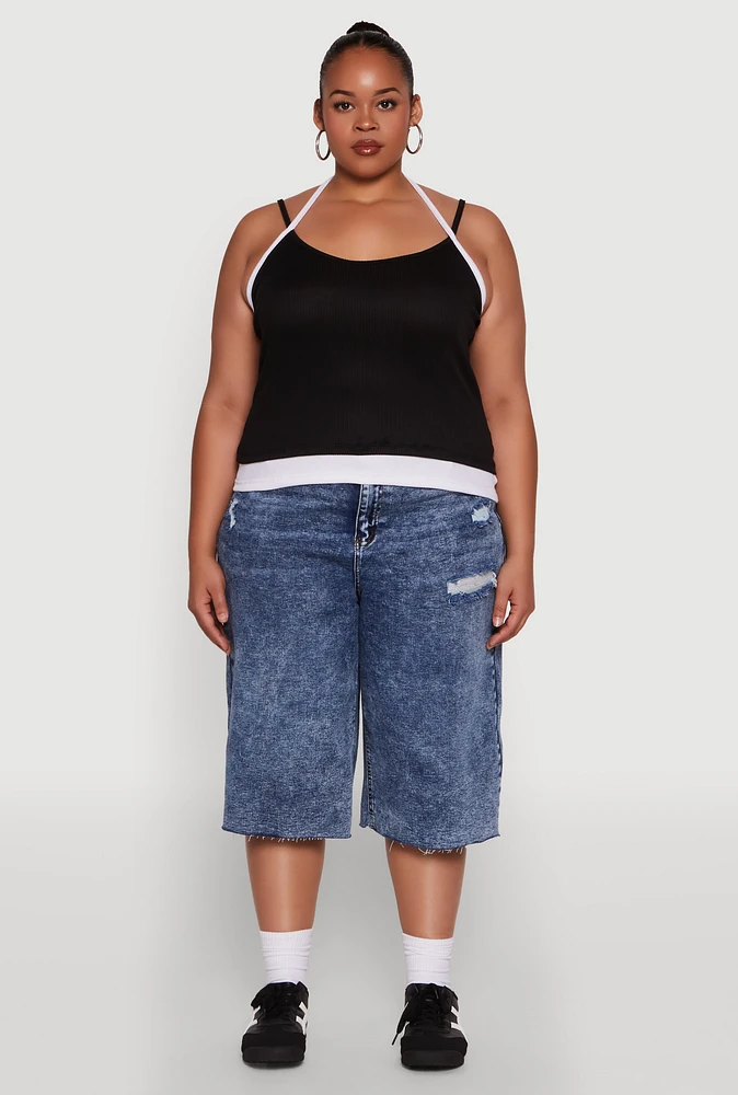 Womens Plus Contrast Trim Halter Cami,