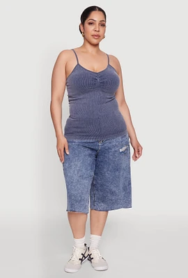 Womens Plus Size Ribbed Knit Seamless Mineral Wash Cami, Blue, Size 1X-2X