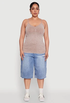 Womens Plus Size Ribbed Knit Seamless Mineral Wash Cami, Brown, Size 1X-2X