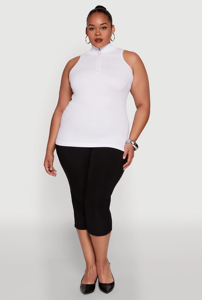 Womens Plus Zip Front Mock Neck Top, White,