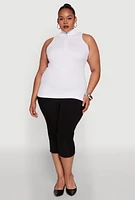 Womens Plus Zip Front Mock Neck Top, White,