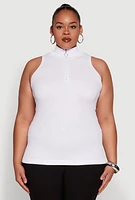 Womens Plus Zip Front Mock Neck Top, White,