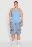 Womens Plus Rib Knit Basic Tank Top, Blue,