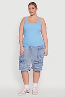 Womens Plus Rib Knit Basic Tank Top, Blue,