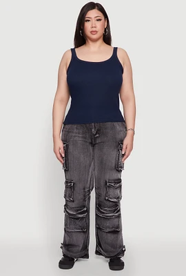 Womens Plus Rib Knit Basic Tank Top, Blue,