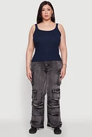 Womens Plus Rib Knit Basic Tank Top, Blue,