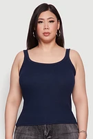 Womens Plus Rib Knit Basic Tank Top, Blue,