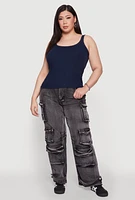Womens Plus Rib Knit Basic Tank Top, Blue,