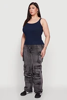 Womens Plus Rib Knit Basic Tank Top, Blue,