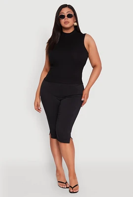 Womens Plus Rib Knit Sleeveless Mock Neck Top,