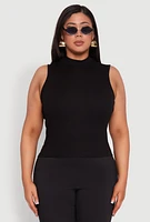 Womens Plus Size Rib Knit Sleeveless Mock Neck Top, Black, Size 1X
