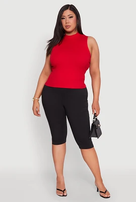 Womens Plus Size Rib Knit Sleeveless Mock Neck Top, Red, Size 3X