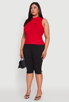 Womens Plus Size Rib Knit Sleeveless Mock Neck Top, Red, Size 3X