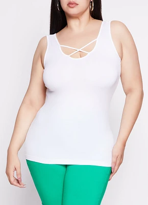 Womens Plus Size Criss Cross Tank Top, White, Size 2X-3X