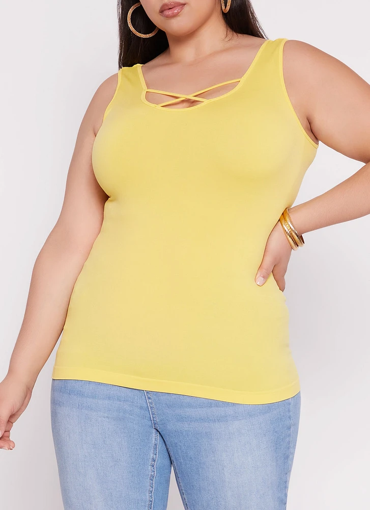 Womens Plus Size Criss Cross Tank Top, Yellow, Size 1X-2X