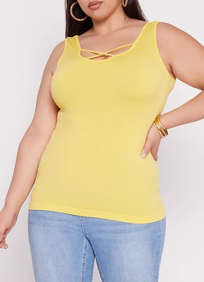 Womens Plus Size Criss Cross Tank Top, Yellow, Size 1X-2X