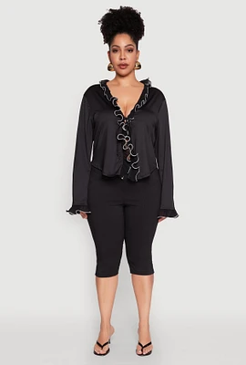 Womens Plus Size Ruffle Trim Tie Front Blouse, Black, Size 2X