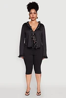 Womens Plus Size Ruffle Trim Tie Front Blouse, Black, Size 2X