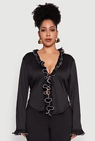 Womens Plus Size Ruffle Trim Tie Front Blouse, Black, Size 2X