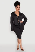 Womens Plus Ruffle Trim Tie Front Blouse, 2X