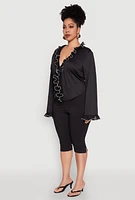 Womens Plus Size Ruffle Trim Tie Front Blouse, Black, Size 1X