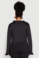 Womens Plus Size Ruffle Trim Tie Front Blouse, Black, Size 2X