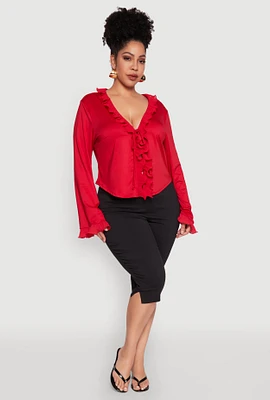 Womens Plus Ruffle Trim Tie Front Blouse, Red,
