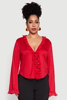 Womens Plus Ruffle Trim Tie Front Blouse, Red,
