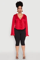 Womens Plus Ruffle Trim Tie Front Blouse, Red,