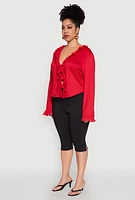 Womens Plus Ruffle Trim Tie Front Blouse, Red,