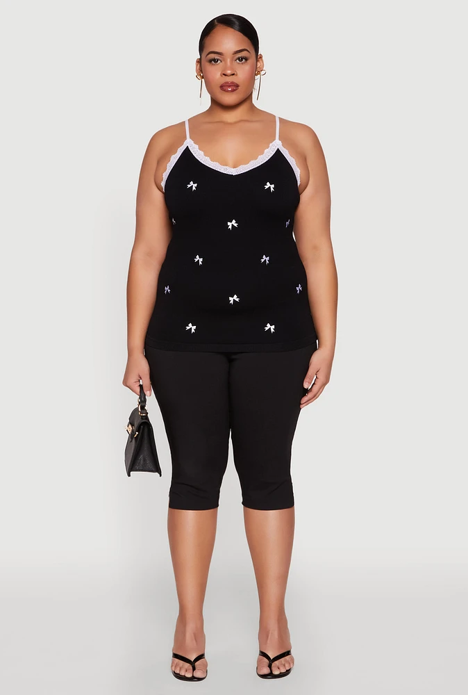 Womens Plus Size Bow Embroidered Lace Trim Cami, Black, Size 3X