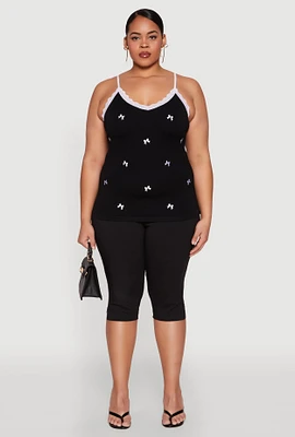 Womens Plus Size Bow Embroidered Lace Trim Cami, Black, Size 3X
