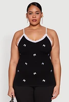 Womens Plus Size Bow Embroidered Lace Trim Cami, Black, Size 3X