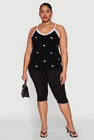 Womens Plus Size Bow Embroidered Lace Trim Cami, Black, Size 3X