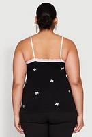 Womens Plus Size Bow Embroidered Lace Trim Cami, Black, Size 3X