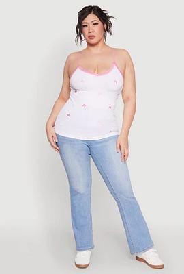 Womens Plus Bow Embroidered Lace Trim Cami, White,