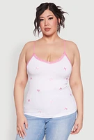 Womens Plus Bow Embroidered Lace Trim Cami, White,