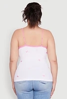 Womens Plus Bow Embroidered Lace Trim Cami, White,