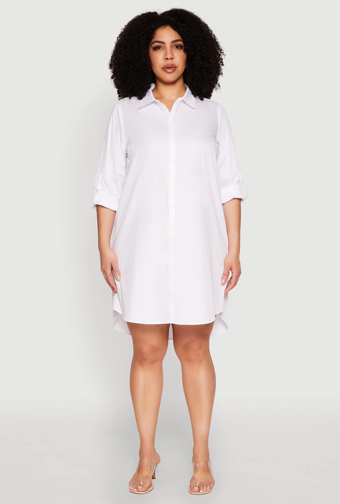 Womens Plus Size Poplin Shirt Dress, White, Size 3X