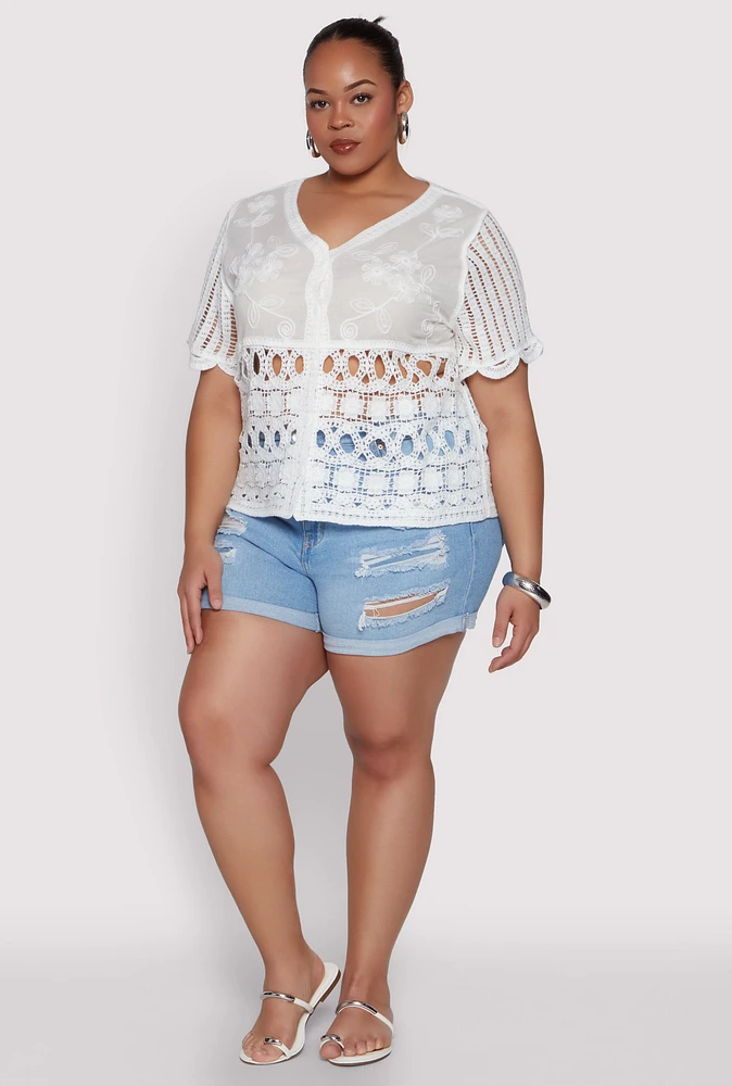 Womens Plus Scalloped Crochet Top, White,