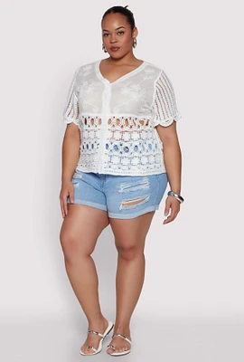 Womens Plus Scalloped Crochet Top, White,