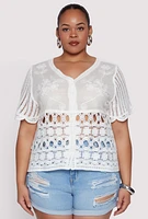 Womens Plus Scalloped Crochet Top, White,