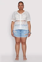 Womens Plus Scalloped Crochet Top, White,