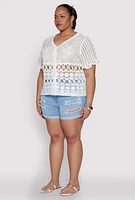 Womens Plus Scalloped Crochet Top, White,