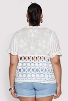 Womens Plus Scalloped Crochet Top, White,