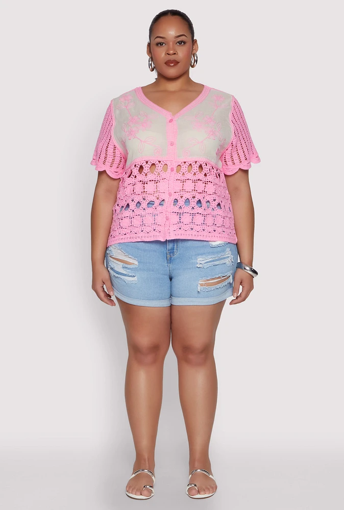 Womens Plus Size Scalloped Crochet Top, Pink, Size 3X