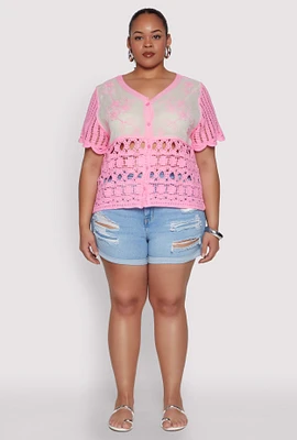 Womens Plus Size Scalloped Crochet Top, Pink, Size 3X