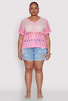 Womens Plus Size Scalloped Crochet Top, Pink, Size 3X