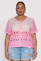 Womens Plus Size Scalloped Crochet Top, Pink, Size 3X