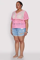 Womens Plus Size Scalloped Crochet Top, Pink, Size 3X
